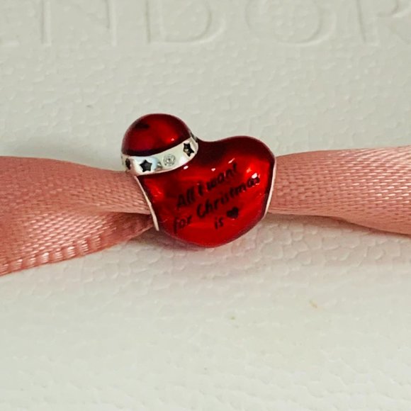 Pandora Metallic Red Christmas Heart Charm All want for Christmas Heart Pendant - Picture 4 of 7